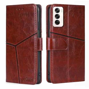 For OPPO Reno12 5G Global Geometric Stitching Leather Phone Case(Dark Brown)