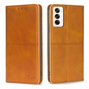 For OPPO Reno12 5G Global Cow Texture Magnetic Leather Phone Case(Light Brown)