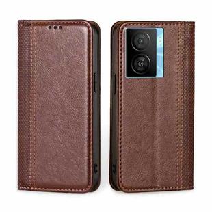 For vivo iQOO Z7x Grid Texture Magnetic Flip Leather Phone Case(Brown)