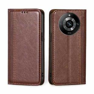 For Realme 11 Pro 5G / 11 Pro+ 5G Grid Texture Magnetic Flip Leather Phone Case(Brown)
