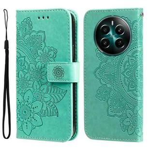 For Realme 12+ Seven-petal Flowers Embossing Leather Phone Case(Green)