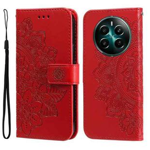 For Realme 12+ Seven-petal Flowers Embossing Leather Phone Case(Red)