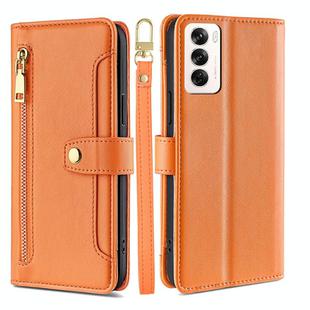 For OPPO Reno12 5G Global Sheep Texture Cross-body Zipper Wallet Leather Phone Case(Orange)