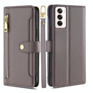 For OPPO Reno12 5G Global Sheep Texture Cross-body Zipper Wallet Leather Phone Case(Grey)