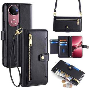For vivo V50 5G Sheep Texture Cross-body Zipper Wallet Leather Phone Case(Black)