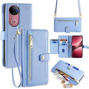 For vivo V50 5G Sheep Texture Cross-body Zipper Wallet Leather Phone Case(Blue)