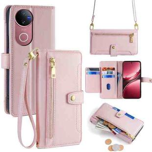 For vivo V50 5G Sheep Texture Cross-body Zipper Wallet Leather Phone Case(Pink)