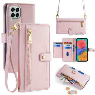 For Samsung Galaxy M33 5G Sheep Texture Cross-body Zipper Wallet Leather Phone Case(Pink)