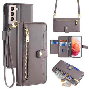 For Samsung Galaxy S21 5G Sheep Texture Cross-body Zipper Wallet Leather Phone Case(Grey)