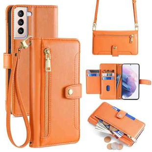 For Samsung Galaxy S21+ 5G Sheep Texture Cross-body Zipper Wallet Leather Phone Case(Orange)