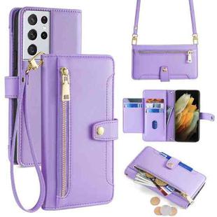 For Samsung Galaxy S21 Ultra 5G Sheep Texture Cross-body Zipper Wallet Leather Phone Case(Purple)
