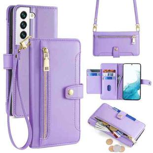 For Samsung Galaxy S22 5G Sheep Texture Cross-body Zipper Wallet Leather Phone Case(Purple)