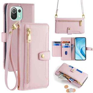For Xiaomi Mi 11 Lite Sheep Texture Cross-body Zipper Wallet Leather Phone Case(Pink)