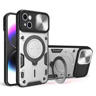 For iPhone 15 Plus CD Texture Sliding Camshield Magnetic Holder Phone Case(Silver)