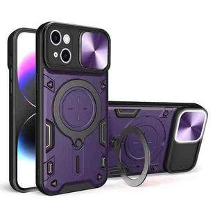 For iPhone 15 CD Texture Sliding Camshield Magnetic Holder Phone Case(Purple)