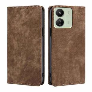 For Xiaomi Redmi 13C RFID Anti-theft Brush Magnetic Leather Phone Case(Brown)