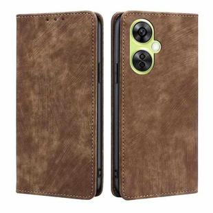 For OnePlus Nord CE 3 Lite 5G RFID Anti-theft Brush Magnetic Leather Phone Case(Brown)