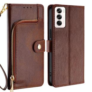 For OPPO Reno12 5G Global Zipper Bag Leather Phone Case(Brown)