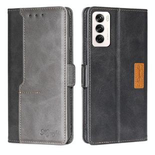 For OPPO Reno12 5G Global Contrast Color Side Buckle Leather Phone Case(Black + Grey)