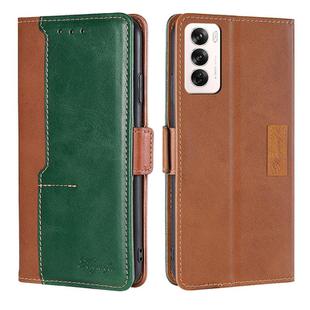 For OPPO Reno12 5G Global Contrast Color Side Buckle Leather Phone Case(Light Brown + Green)