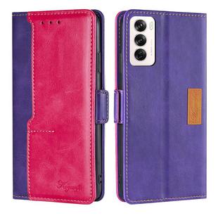 For OPPO Reno12 5G Global Contrast Color Side Buckle Leather Phone Case(Purple + Rose Red)