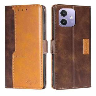 For OPPO A3 5G India Contrast Color Side Buckle Leather Phone Case(Dark Brown + Gold)