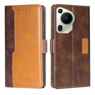 For Huawei Pura 70 Ultra 5G Contrast Color Side Buckle Leather Phone Case(Dark Brown + Gold)