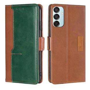 For Samsung Galaxy M15 5G Contrast Color Side Buckle Leather Phone Case(Light Brown + Green)