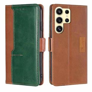 For Samsung Galaxy S24 Ultra 5G Contrast Color Side Buckle Leather Phone Case(Light Brown + Green)