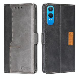 For OnePlus Nord CE 4 Lite 5G Contrast Color Side Buckle Leather Phone Case(Black + Grey)