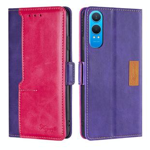 For OnePlus Nord CE 4 Lite 5G Contrast Color Side Buckle Leather Phone Case(Purple + Rose Red)