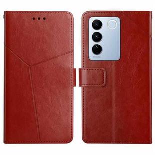 For vivo V27E 4G Global HT01 Y-shaped Pattern Flip Leather Phone Case(Brown)