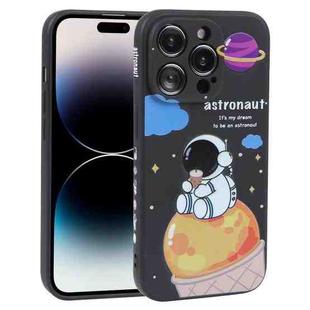 For iPhone 14 Pro Max Milk Tea Astronaut Pattern Liquid Silicone Phone Case(Ivory Black)