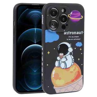 For iPhone 12 Pro Max Milk Tea Astronaut Pattern Liquid Silicone Phone Case(Ivory Black)