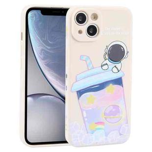 For iPhone XR Milk Tea Astronaut Pattern Liquid Silicone Phone Case(Ivory White)