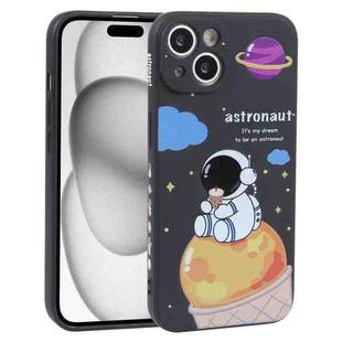 For iPhone 15 Milk Tea Astronaut Pattern Liquid Silicone Phone Case(Ivory Black)