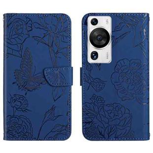 For Huawei P60 Pro HT03 Skin Feel Butterfly Embossed Flip Leather Phone Case(Blue)