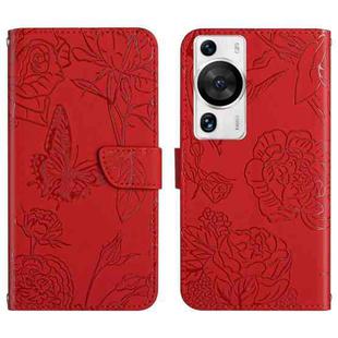 For Huawei P60 Pro HT03 Skin Feel Butterfly Embossed Flip Leather Phone Case(Red)