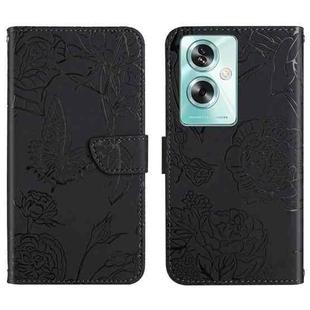 For OPPO A59 5G HT03 Skin Feel Butterfly Embossed Flip Leather Phone Case(Black)
