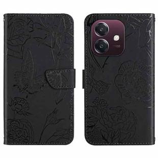 For OPPO A3x India HT03 Skin Feel Butterfly Embossed Flip Leather Phone Case(Black)