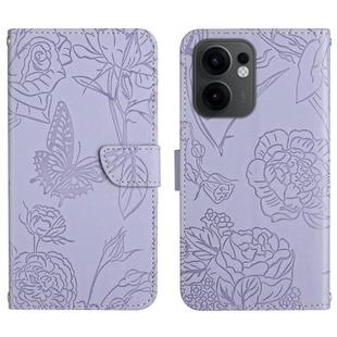 For OPPO Reno13 F HT03 Skin Feel Butterfly Embossed Flip Leather Phone Case(Purple)