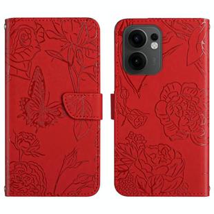 For OPPO Reno13 F HT03 Skin Feel Butterfly Embossed Flip Leather Phone Case(Red)