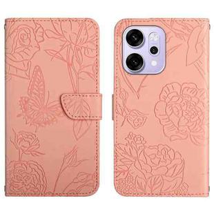 For OPPO Reno14 5G Global HT03 Skin Feel Butterfly Embossed Flip Leather Phone Case(Pink)
