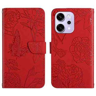 For OPPO Reno14 5G Global HT03 Skin Feel Butterfly Embossed Flip Leather Phone Case(Red)