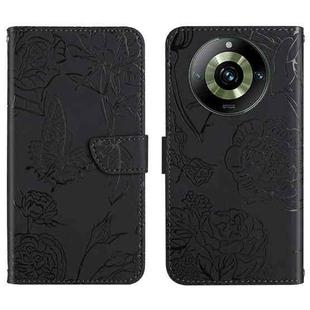 For Realme 11 Pro HT03 Skin Feel Butterfly Embossed Flip Leather Phone Case(Black)