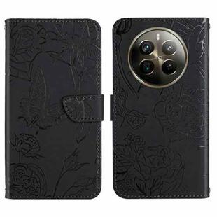 For Realme 12+ Global HT03 Skin Feel Butterfly Embossed Flip Leather Phone Case(Black)