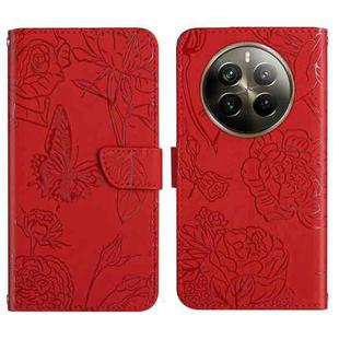 For Realme 12+ Global HT03 Skin Feel Butterfly Embossed Flip Leather Phone Case(Red)