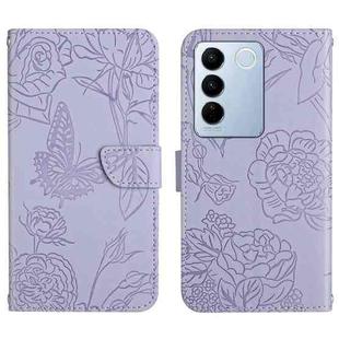 For vivo V27E 4G Global HT03 Skin Feel Butterfly Embossed Flip Leather Phone Case(Purple)