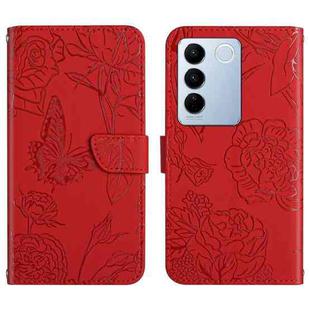 For vivo V27E 4G Global HT03 Skin Feel Butterfly Embossed Flip Leather Phone Case(Red)