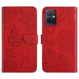 For vivo Y55S 5G 2023 / Y55 5G / T1 5G HT03 Skin Feel Butterfly Embossed Flip Leather Phone Case(Red)